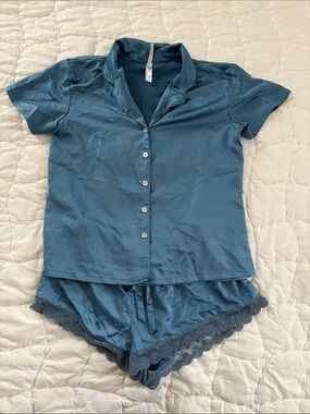 Flora Nikrooz Women's Short Sleeve Button Pajama Set in Slate Blue